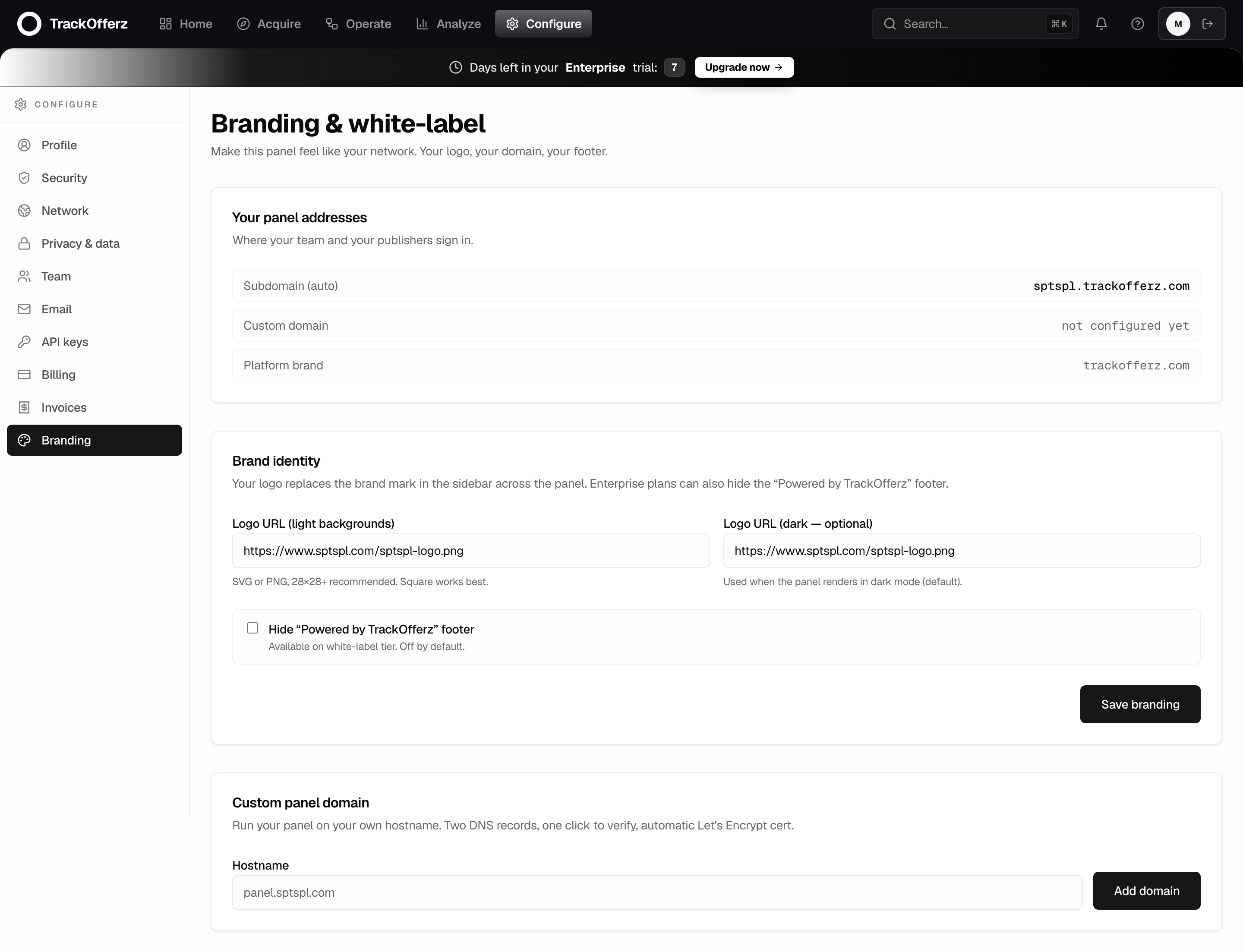 The Branding and white-label settings page