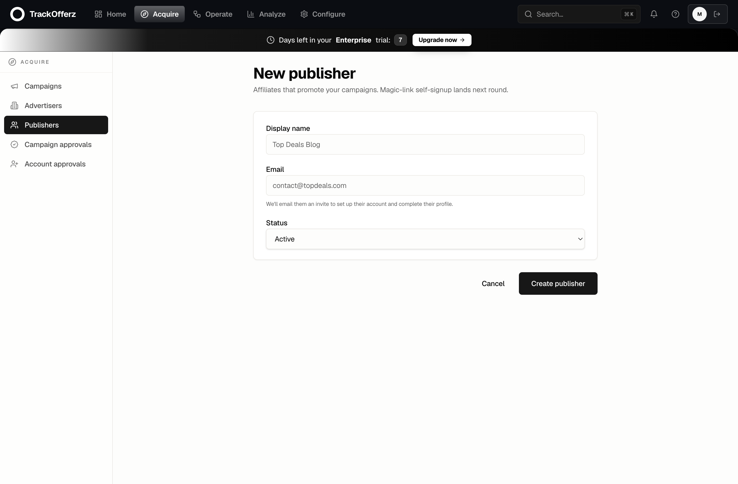The add-publisher form with display name, email, and status fields