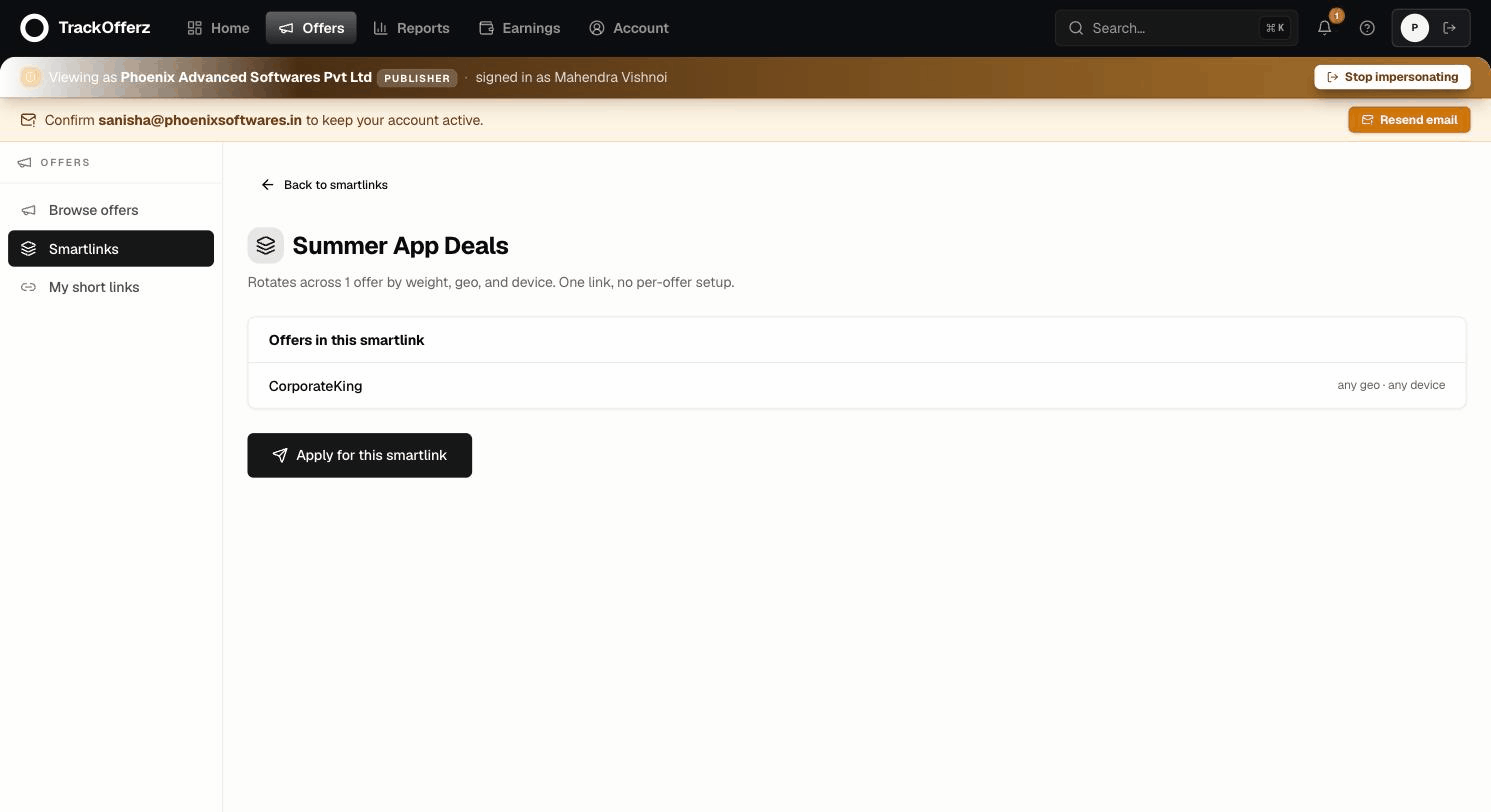 A smartlink detail page showing the offers in the pool and the Apply button